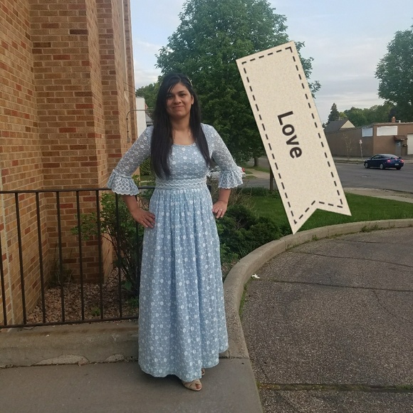 Vintage late 60s, Early 70s Baby Blue Embroidered Eyelet Circle Maxi Dress - Picture 7 of 16